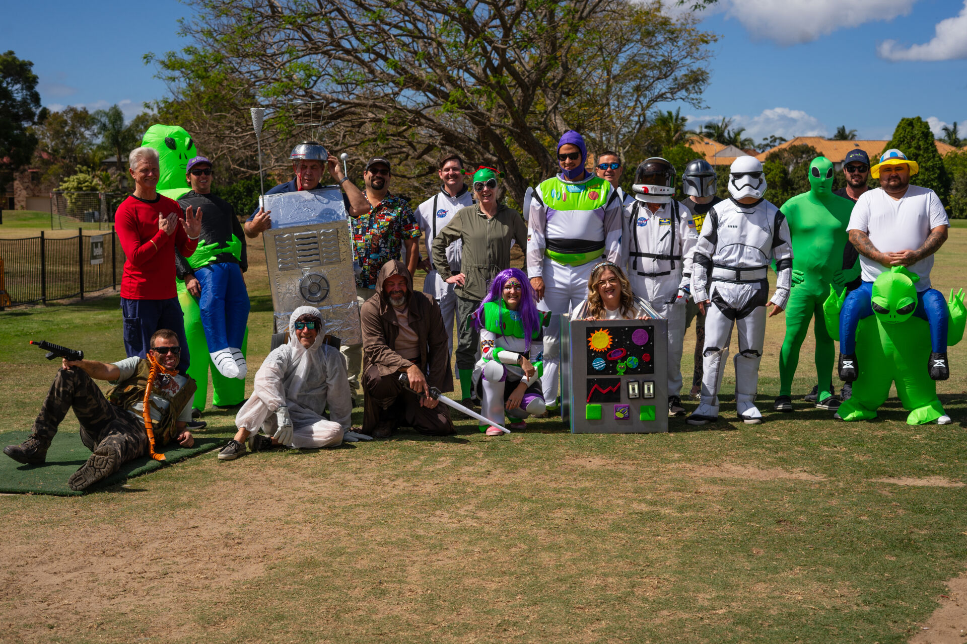 The Allure Pest Solutions full team at the Bulimba Golf Course in costume. The theme of the costumes are space.